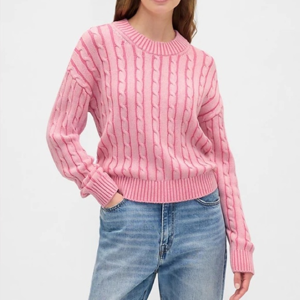 GAP, Pink Cable Cropped Crewneck‎ Sweater, Size L